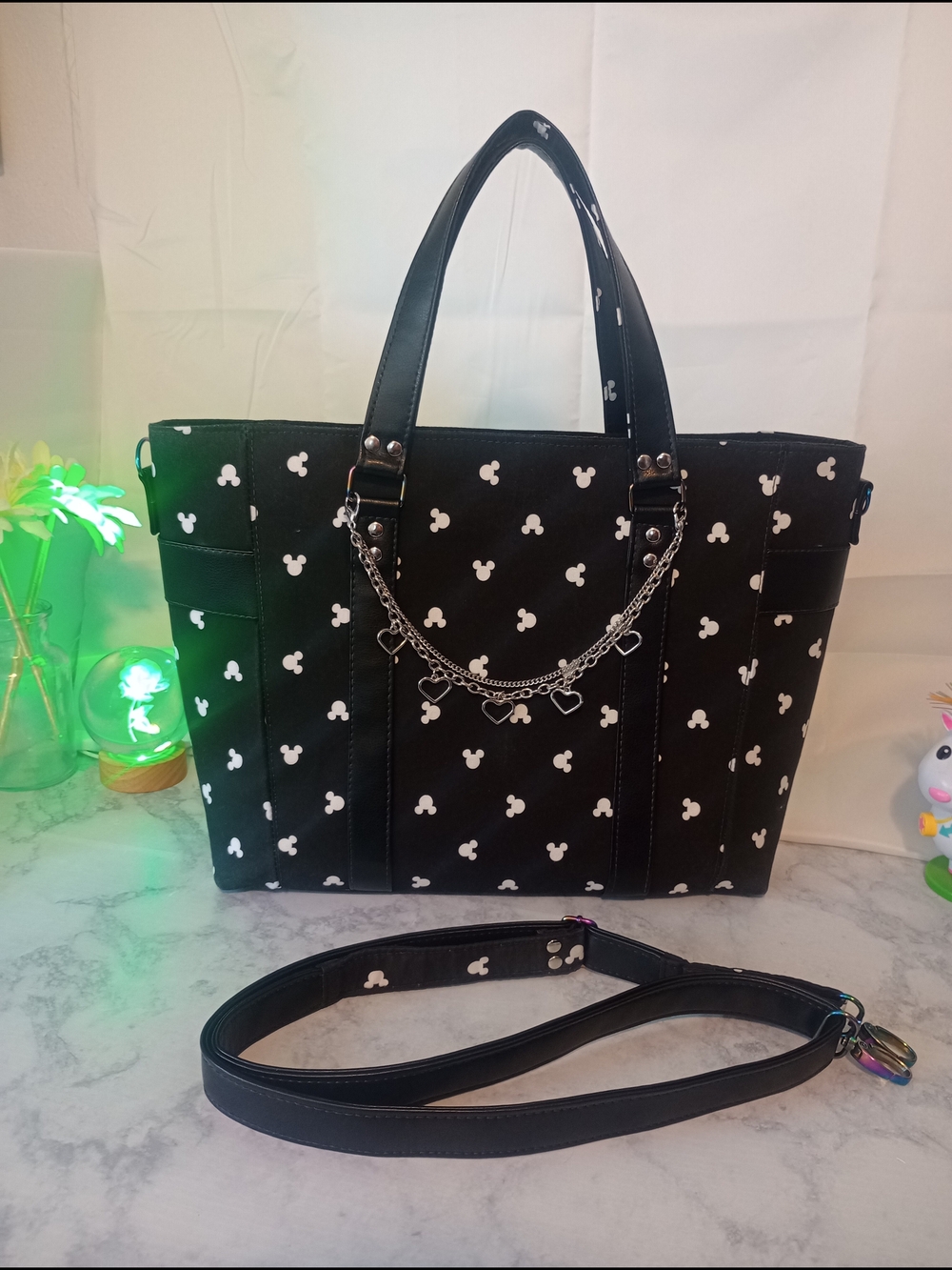 Handmade Mickey Mouse Tote With Heart Charms, Handbag, Birthday, Christmas, Gift
